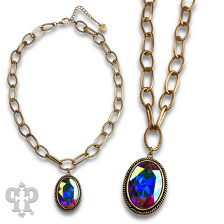 Large oval crystal pendant on chunky chain necklace