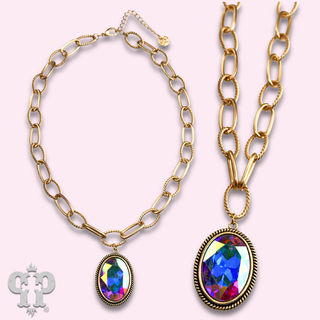 Large oval crystal pendant on chunky chain necklace