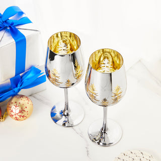 Crystal Christmas Tree Stemmed Wine Water Glasses Set Of 2 Holiday Themed Vibrant Gold Etched Winter