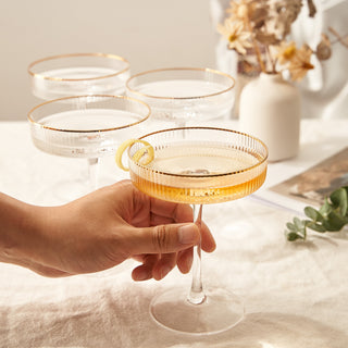 Ribbed Coupe Cocktail Glasses With Gold Rim 8 Oz Set Of 4 Classic Manhattan Glasses For Cocktails Li