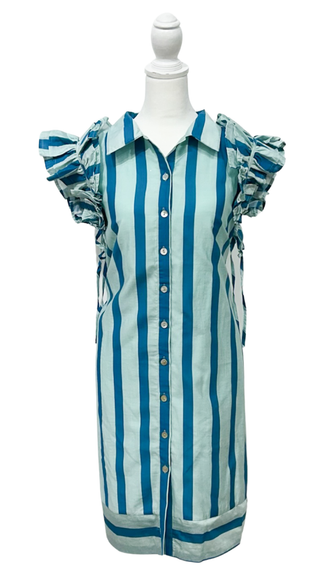 Cabana Stripe Ruffle Sleeve Dress- Aqua