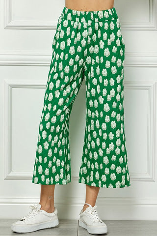 Green Flower Cropped Wide Pants
