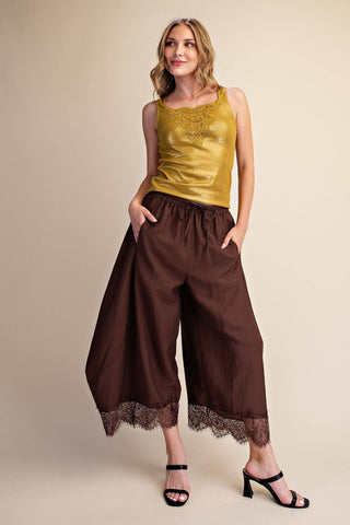Brown Cropped Lace Trim Balloon Pant