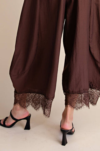 Brown Cropped Lace Trim Balloon Pant