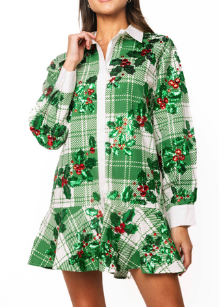QOS White & Green Plaid Holly Button Up Ruffle Dress