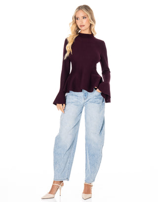 Graceful Bell Ribbed Top - Burgundy