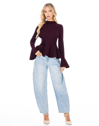 Graceful Bell Ribbed Top - Burgundy