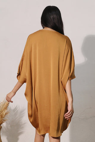Modern Silk Dolman Dress - Mustard