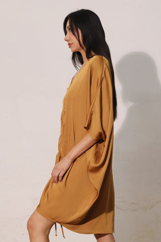 Modern Silk Dolman Dress - Mustard
