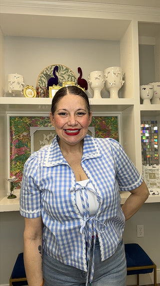 QOS Blue & White Gingham Tie Up Collar Top