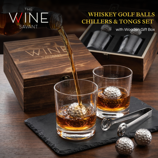 Luxurious Bar Gift Set Golf Whiskey Glasses Golf Ball Chillers Tongs Set In Premium Wood Box By The