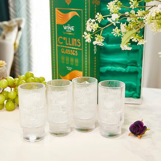 Vintage Art Deco Crystal Highball Ribbed Glass Set Of 4 Ripple 14OZ Classic Crystal Cocktail Glasses