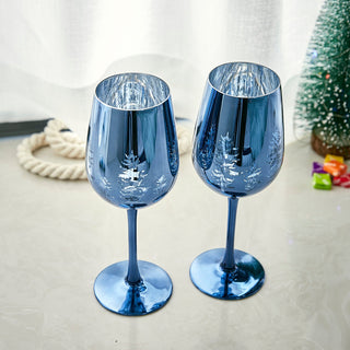 Crystal Christmas Tree Stemmed Wine Water Glasses Set Of 2 Holiday Themed Vibrant Blue Etched Winter