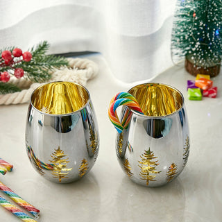 Crystal Christmas Tree Stemless Wine Water Glasses Set Of 2 Holiday Themed Vibrant Gold Etched Winte