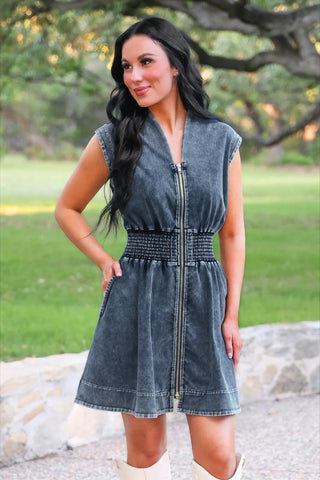 Refined Denim Zipper Dress- Light Wash