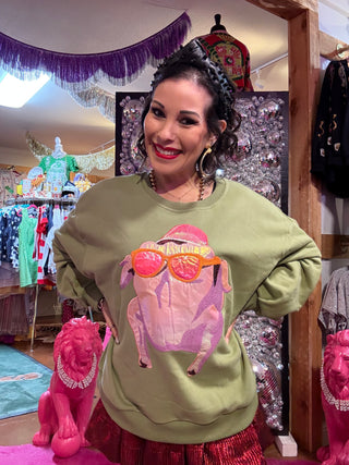 QOS Green FRIENDS™ Metallic & Sequin Turkey with Sunglasses Sweatshirt