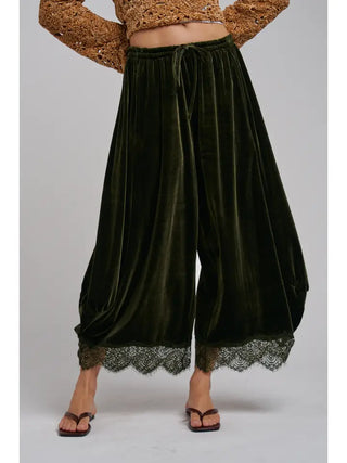 Velvet Lace Hem Balloon Pants - Olive