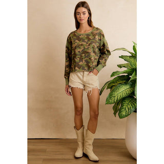 CAMO JERSEY OPEN BACK LONG SLEEVES TOP