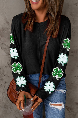 Sequined Clover Patched Long Sleeve Top