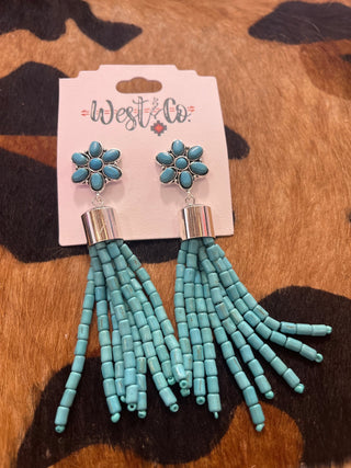 3.5" Turquoise Tassel Earrings on Flower Post - Boutique Bella BellaJewlery