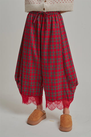 Tartan Tidings Lace Barrel Pants - Red