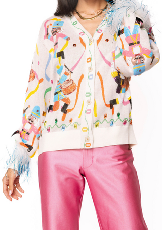 QOS Multi Drumming Nutcracker Button Up Feather Sleeve Cardigan