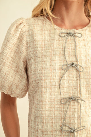 Sparkling Tweed Top W/Rhinestone Bow
