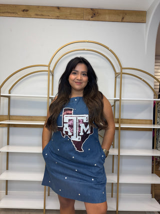 QOS  Licensed Texas A&M Scattered Jewel Denim Sequin Mascot Tank Dress