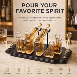 Pistol 2 Whiskey Decanters 300ML With 6 3OZ Pistol Shot Glasses And Tray With Handles By The Wine Sa