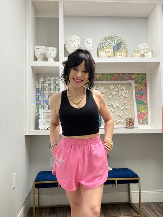 QOS Pink Scattered Rhinestone QOS Sparkle Short