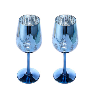 Crystal Christmas Tree Stemmed Wine Water Glasses Set Of 2 Holiday Themed Vibrant Blue Etched Winter