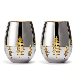 Crystal Christmas Tree Stemless Wine Water Glasses Set Of 2 Holiday Themed Vibrant Gold Etched Winte