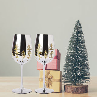 Crystal Christmas Tree Stemmed Wine Water Glasses Set Of 2 Holiday Themed Vibrant Gold Etched Winter