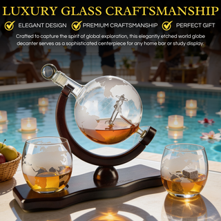 Etched World Decanter Whiskey Globe Antique Airplane 850ML Whiskey Stones And 2 Worl