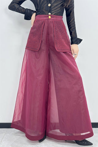 Organza Wide Leg Pants W/Embellished Pockets - Berry Purple