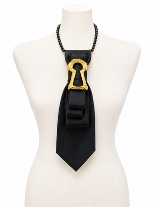 Custom Necktie Necklace-Black Satin w Keyhole Brooch