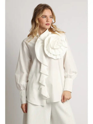 3D Volume Floral & Ruffled Detail Longline Shirt - Boutique Bella BellaBlouse