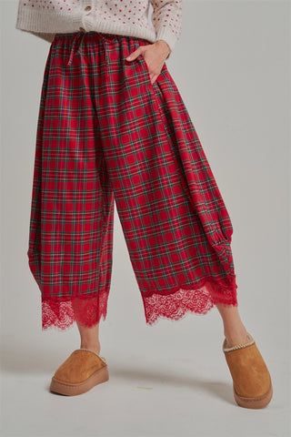 Tartan Tidings Lace Barrel Pants - Red