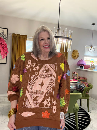 QOS Brown Multi Leaf Quilted QOS Card Sweatshirt