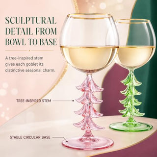 Crystal Christmas Holiday Tree Stemmed Wine Glass Pink Green 12OZ Goblet Bordeaux Gold Rim Colored G