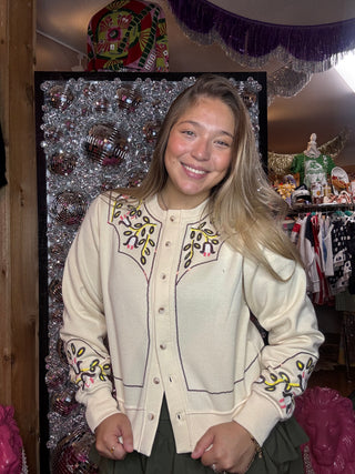 Beige Sweatshirt Cardigan With Sequin Western Yoke Southern Grace