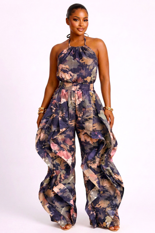 Multi Floral Halter Romper W/Sheer Top