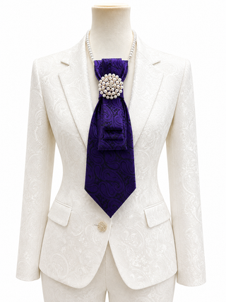 Custom Necktie Necklace- Purple Paisley w Pearl Brooch