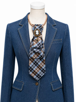 Custom Necktie Necklace - Blue and Brown Plaid w Cameo Brooch