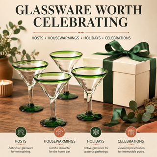 Hand Blown Green Detailed Margarita Glasses Set Of 4 By Luxury Mexican Glassware Thi