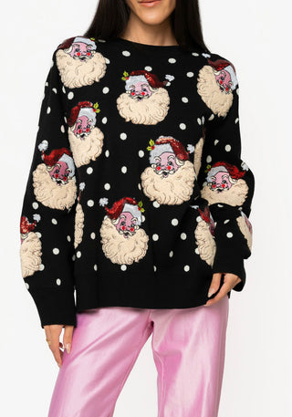 QOS Black & White Polka Dot Scattered Santa Sweater