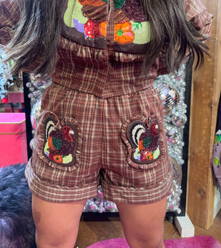 QOS Brown Plaid Turkey Ruffle Patch Pocket Short