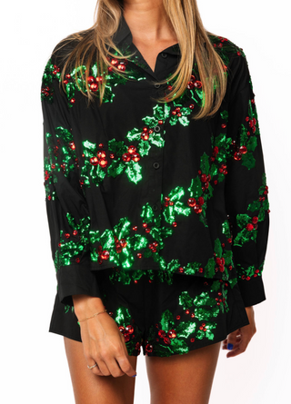 QOS Black, Green & Red Holly Cotton Button Up Top