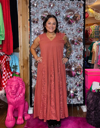 Terracotta V-Neck Maxi Lace Dress
