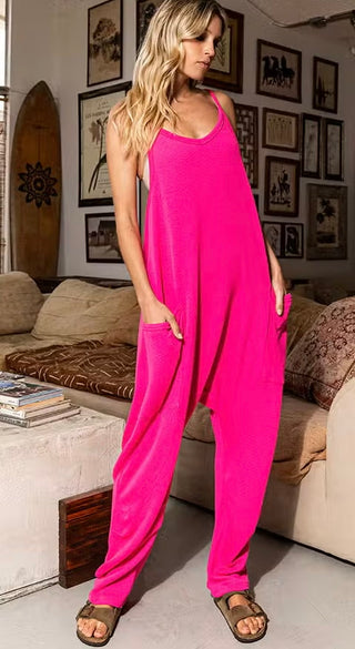 Neon Pink Ribbed Knit Jumpsuit